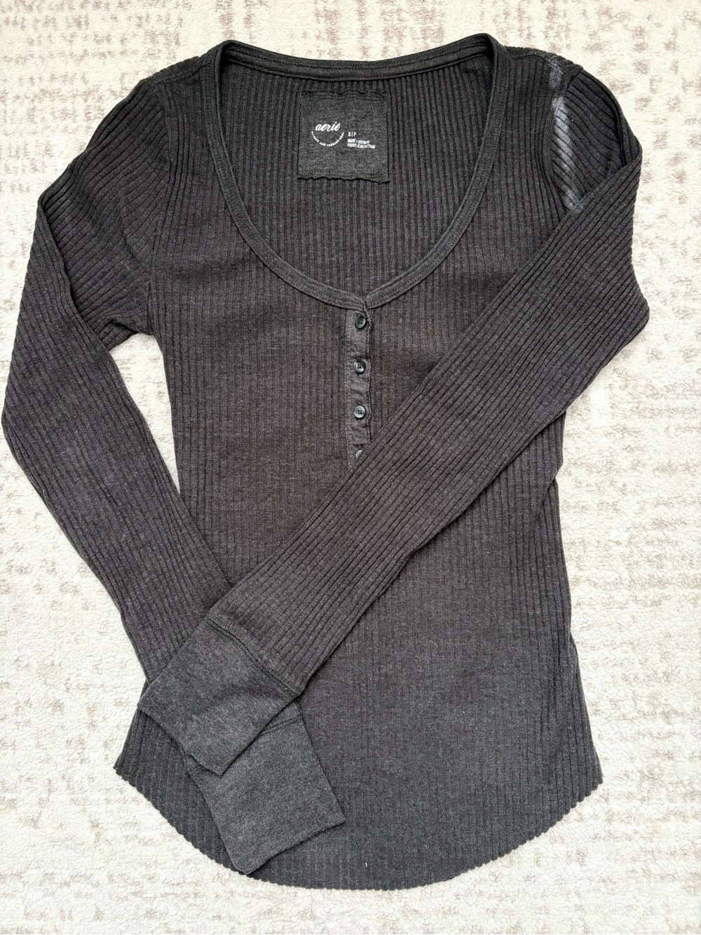 aerie Black Ribbed Henley Long Sleeve Top